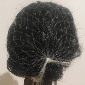Small black wig with very tight black curls, contained in a hairnet