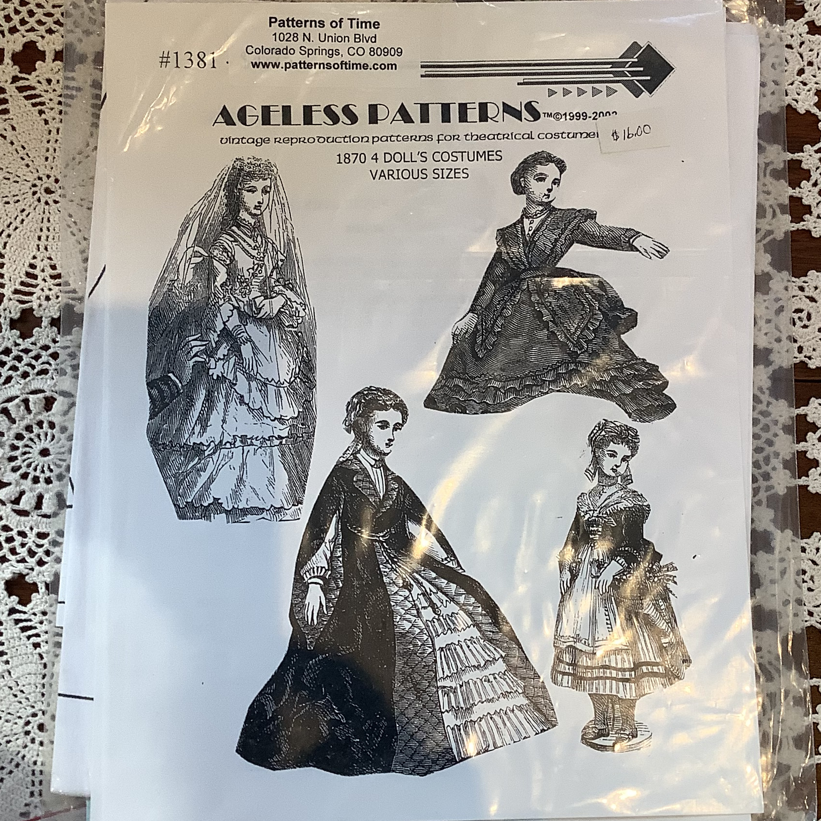 Sewing patterns to make four 1870-style doll dresses for a variety of sizes