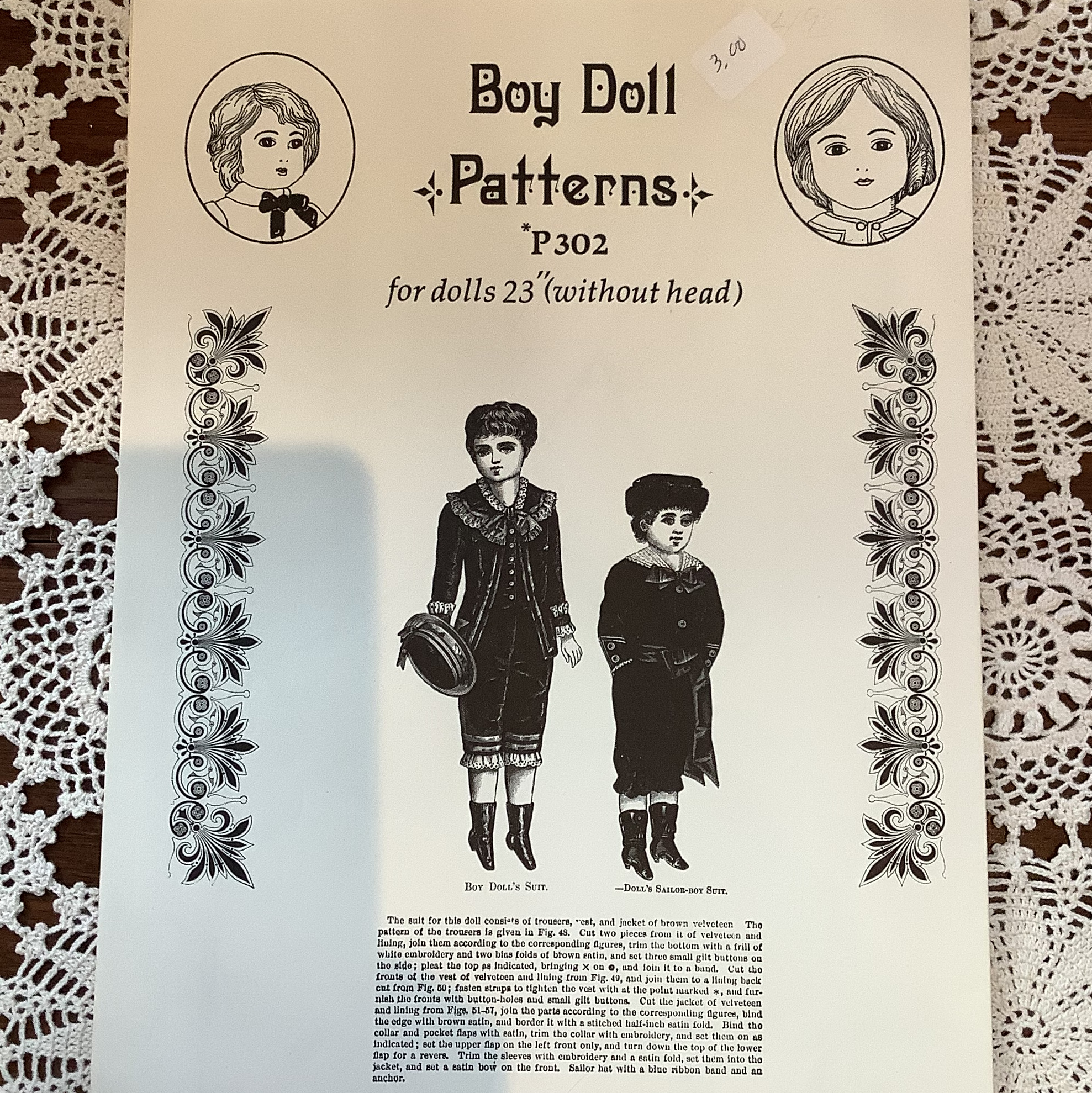 Sewing pattern to make two ornate suit patterns for child doll 23 inches at shoulder