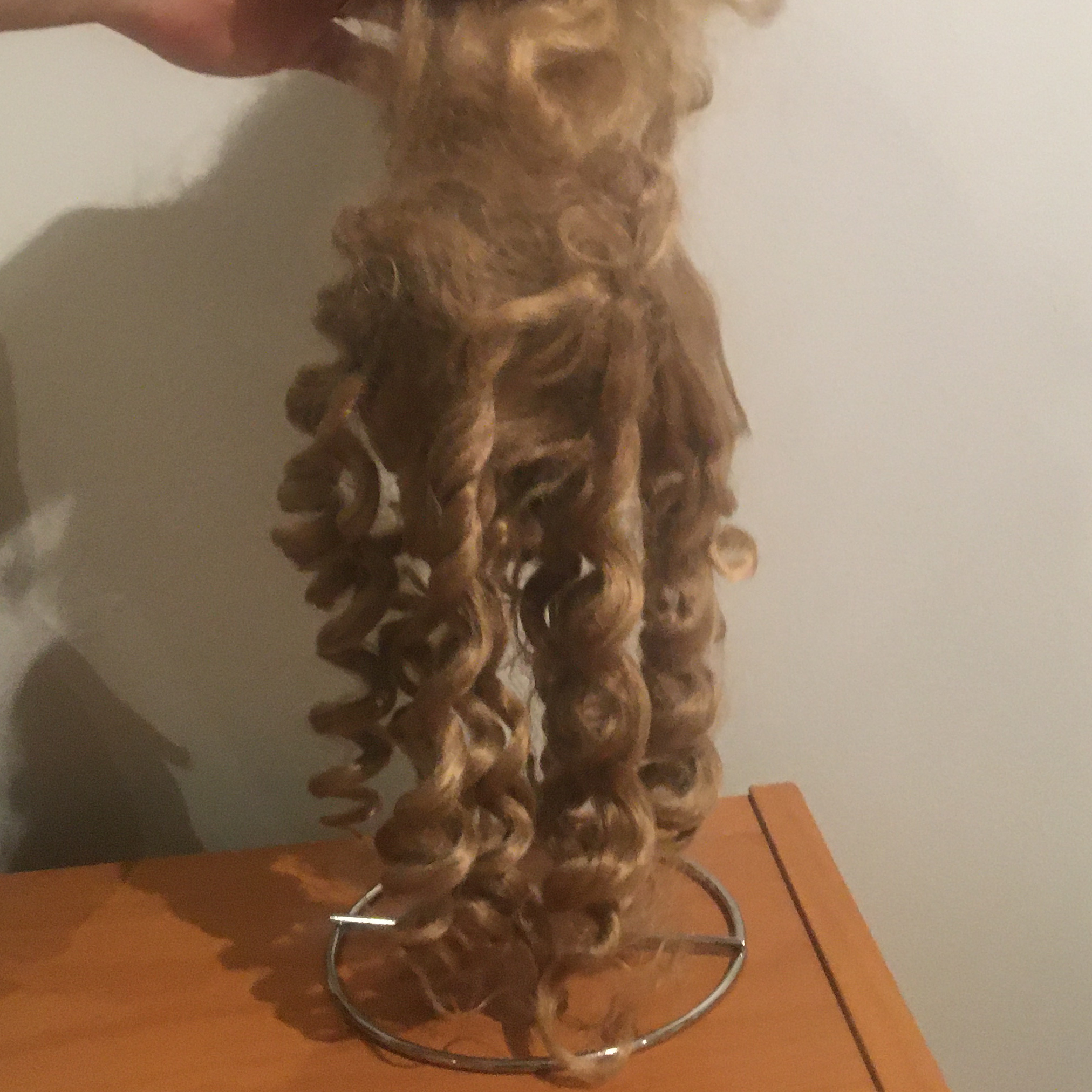 Dark blond wig, very long with slight curl on bottom half of head, and top half unstyled