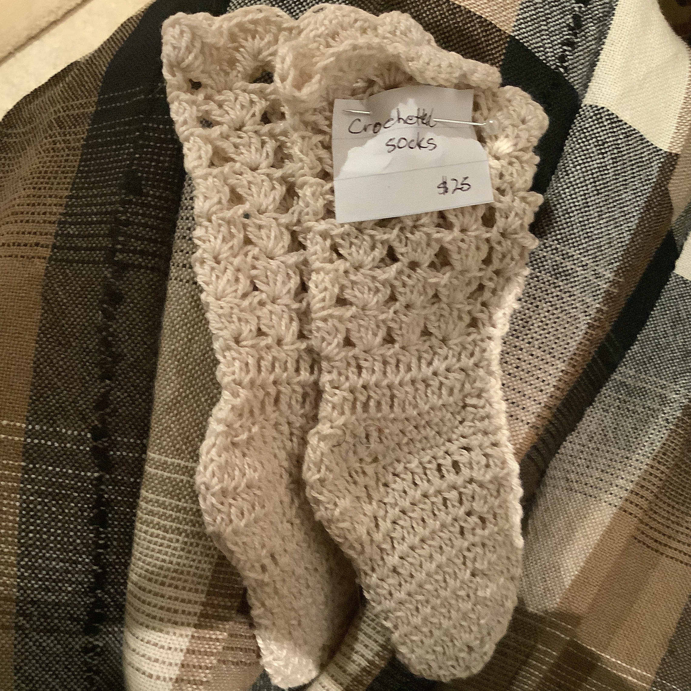 Fancy off-white crocheted socks with scalloped pattern