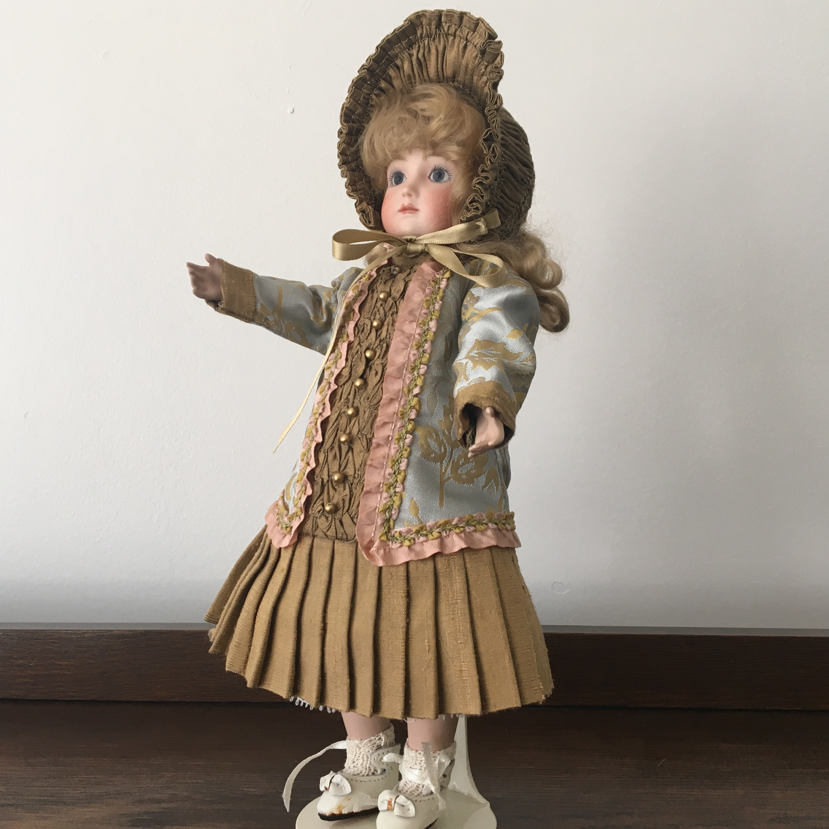 Small 12-inch AT in Green and blue jacquard dress with matching bonnet